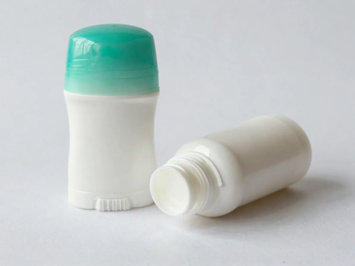 Close-up of cream hair cream and a deodorant stick on white, soft