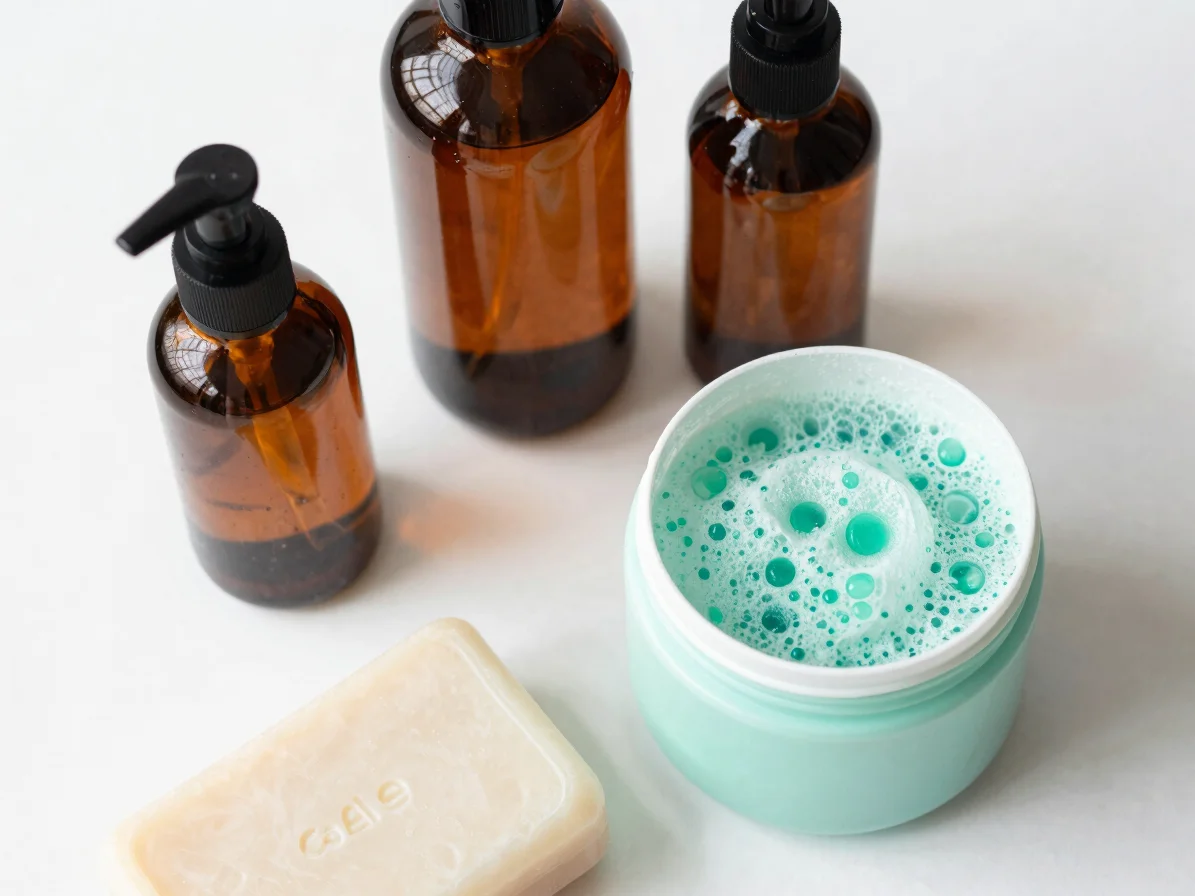 Top-down clean shot of amber oil bottles, a soap bar and an exfol