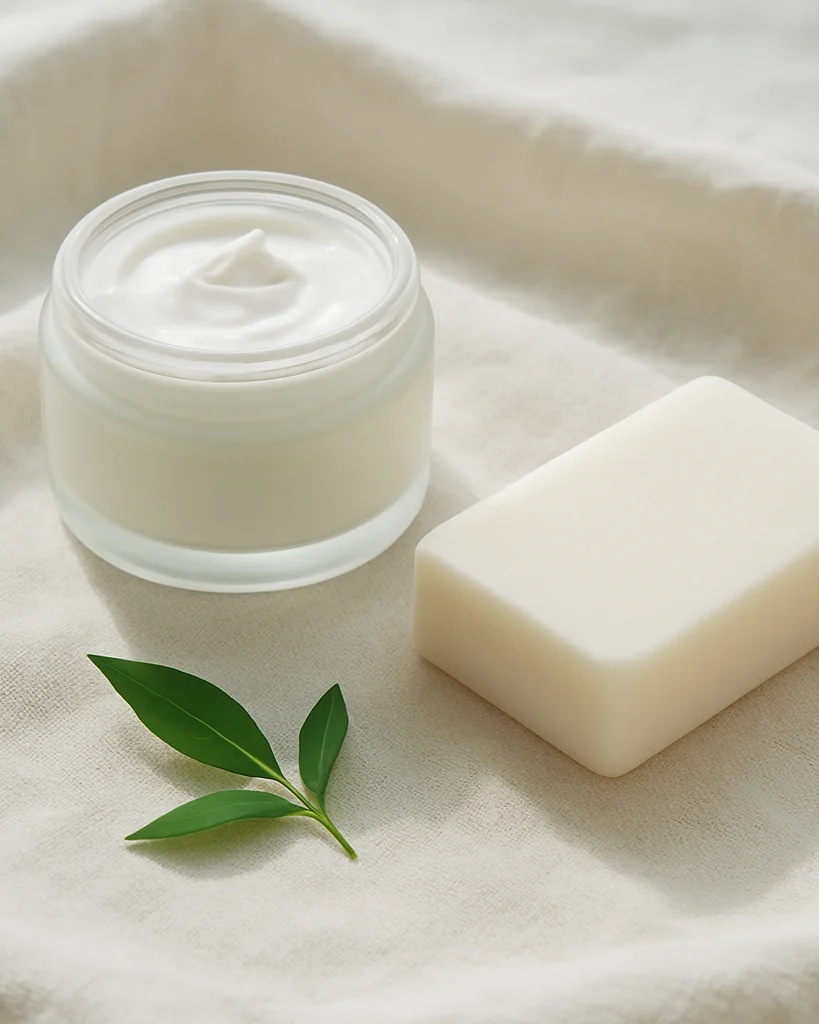 Natural light editorial still life of a jar of cream and a bar of