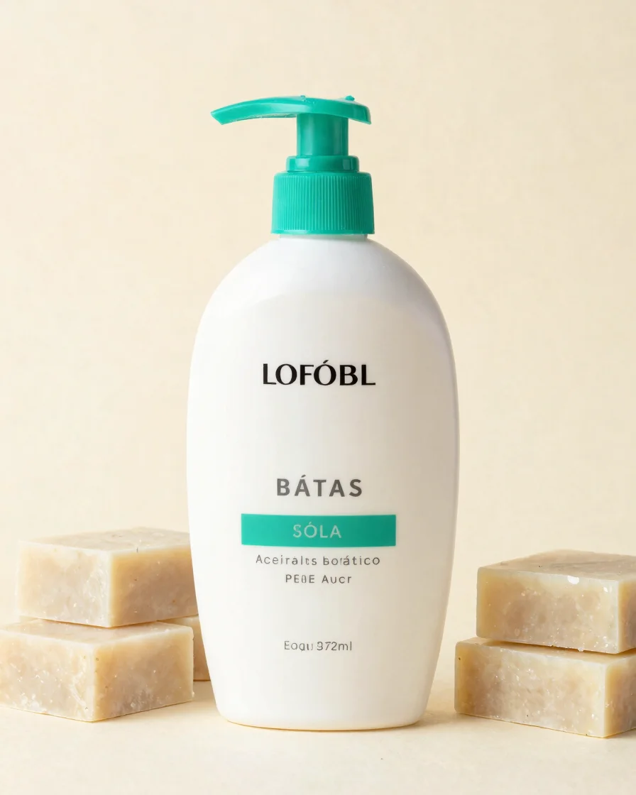 Fotografía editorial de barras de shampoo sólido y aceites botánicos sobre fondo crema, luz natural suave, encuadre ceni